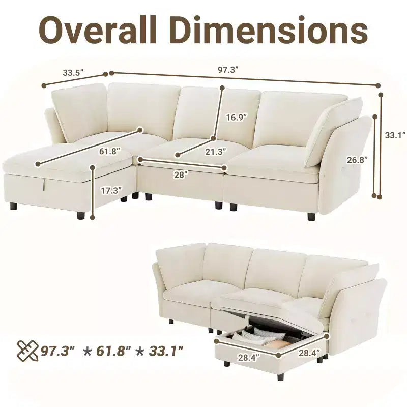 Divano Sezionale Modulare a L da 97", con Spazio Contenitore, Divano Comodo a Nuvola a 4 Posti con Pouf Mobile, Seduta Profonda, Divani Sezionali Moderni
