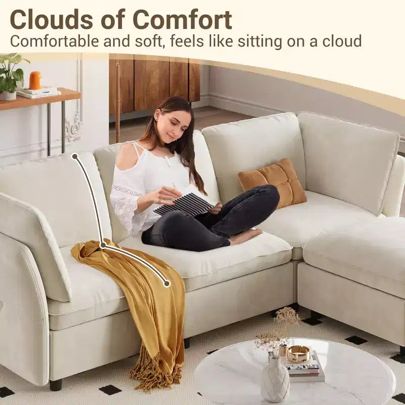 Divano Sezionale Modulare a L da 97", con Spazio Contenitore, Divano Comodo a Nuvola a 4 Posti con Pouf Mobile, Seduta Profonda, Divani Sezionali Moderni