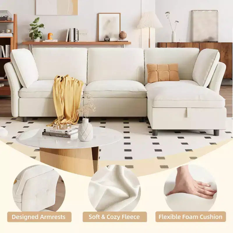 Divano Sezionale Modulare a L da 97", con Spazio Contenitore, Divano Comodo a Nuvola a 4 Posti con Pouf Mobile, Seduta Profonda, Divani Sezionali Moderni