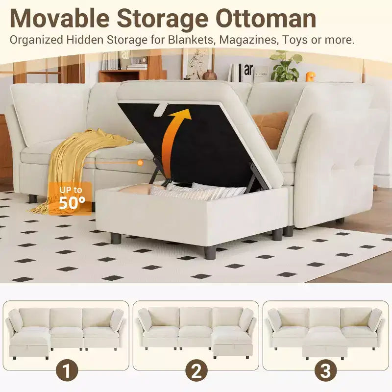 Divano Sezionale Modulare a L da 97", con Spazio Contenitore, Divano Comodo a Nuvola a 4 Posti con Pouf Mobile, Seduta Profonda, Divani Sezionali Moderni