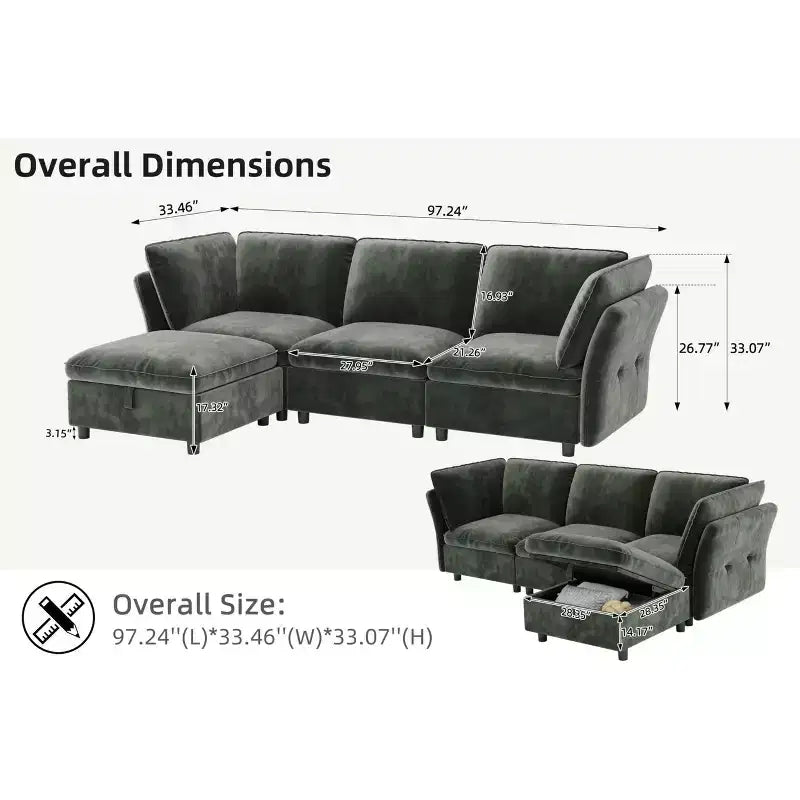Divano Sezionale Modulare a L da 97", con Spazio Contenitore, Divano Comodo a Nuvola a 4 Posti con Pouf Mobile, Seduta Profonda, Divani Sezionali Moderni