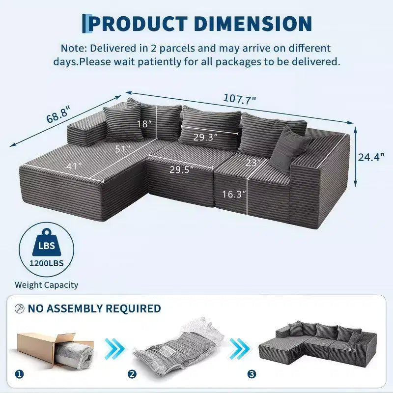Divano componibile Cloud a 106 posti a forma di L con chaise longue e memory foam, divano modulare a 3 posti per soggiorno, nessun montaggio richiesto