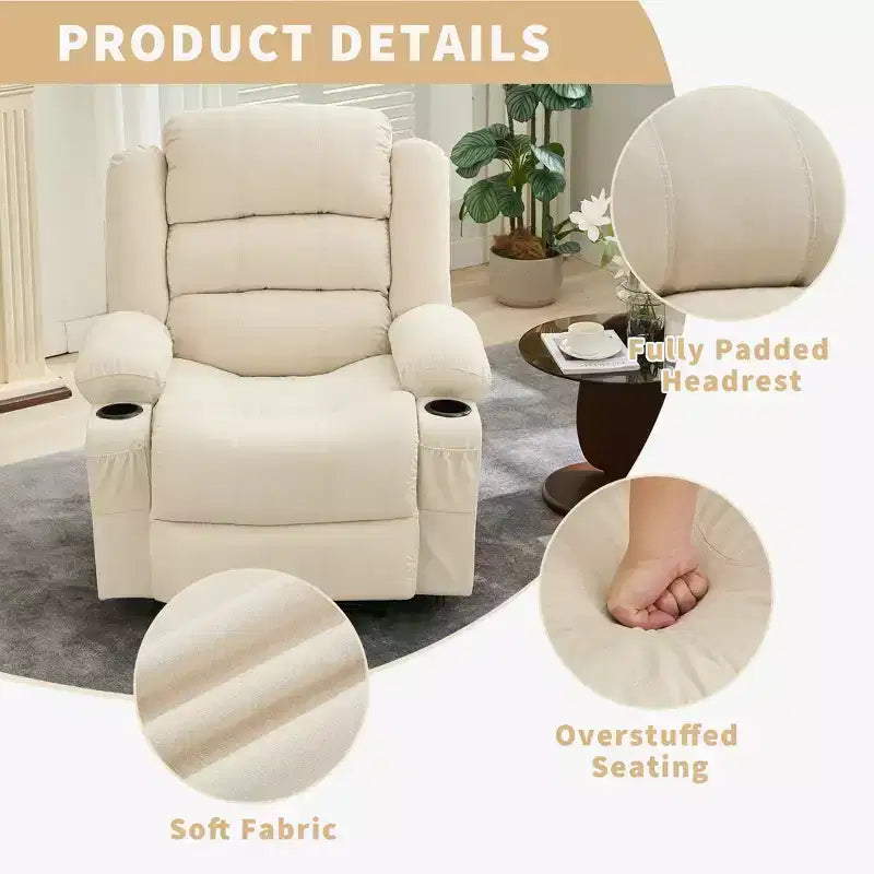 COZONY Poltrona reclinabile a dondolo ampia per adulti, poltrona lounge manuale oversize con braccioli, schienale, 2 portabicchieri e tasca laterale per soggiorno