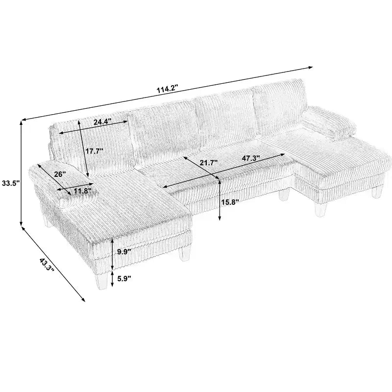 Divano Sezionale a U in Corduroy Homy Casa con Doppia Chaise Longue, Divano a 4 Posti per Soggiorno