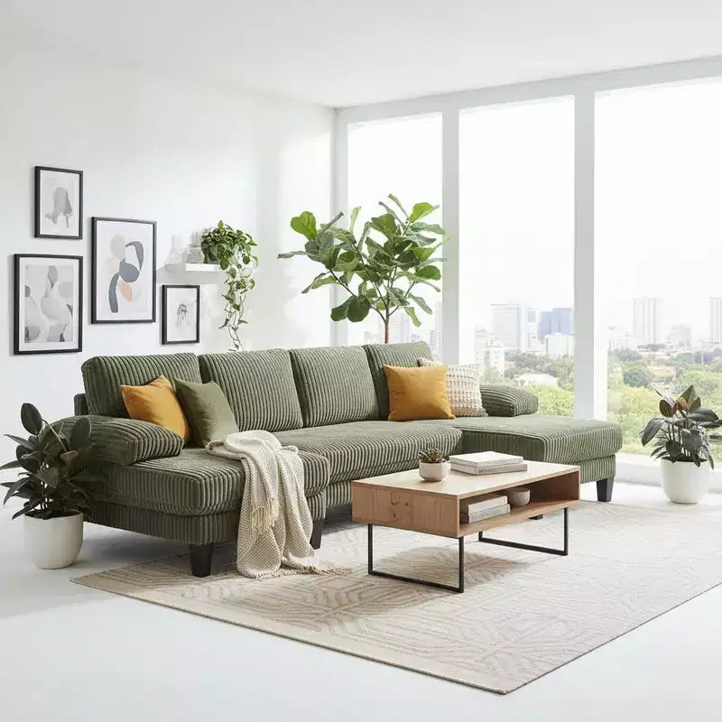 Divano Sezionale a U in Corduroy Homy Casa con Doppia Chaise Longue, Divano a 4 Posti per Soggiorno