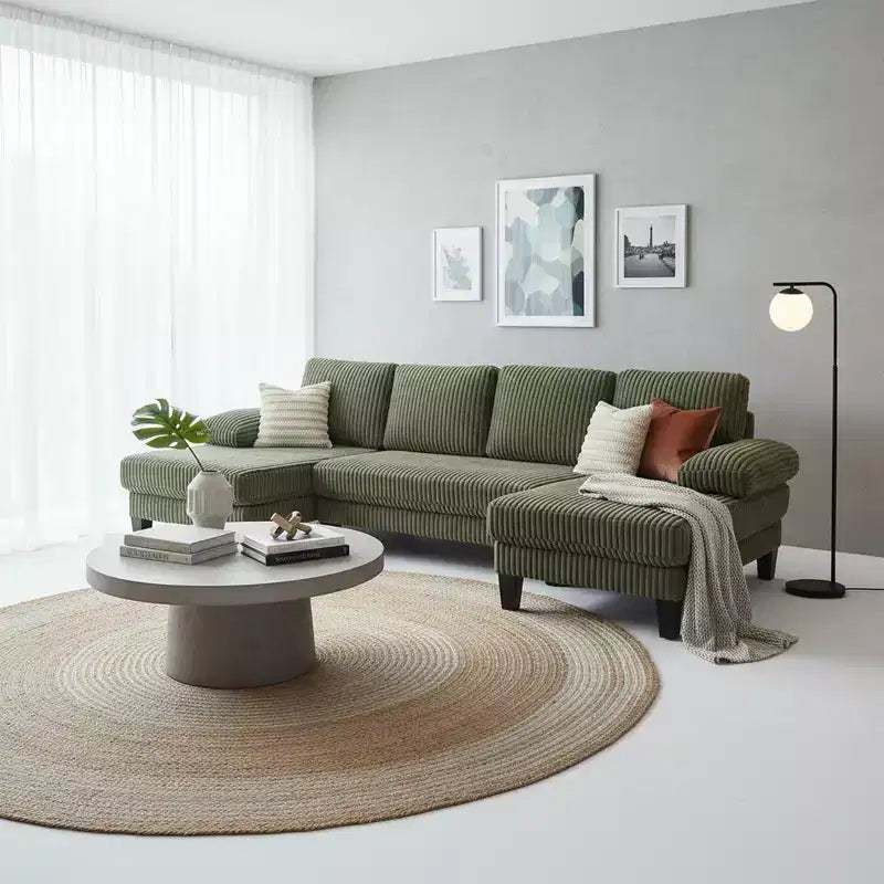 Divano Sezionale a U in Corduroy Homy Casa con Doppia Chaise Longue, Divano a 4 Posti per Soggiorno