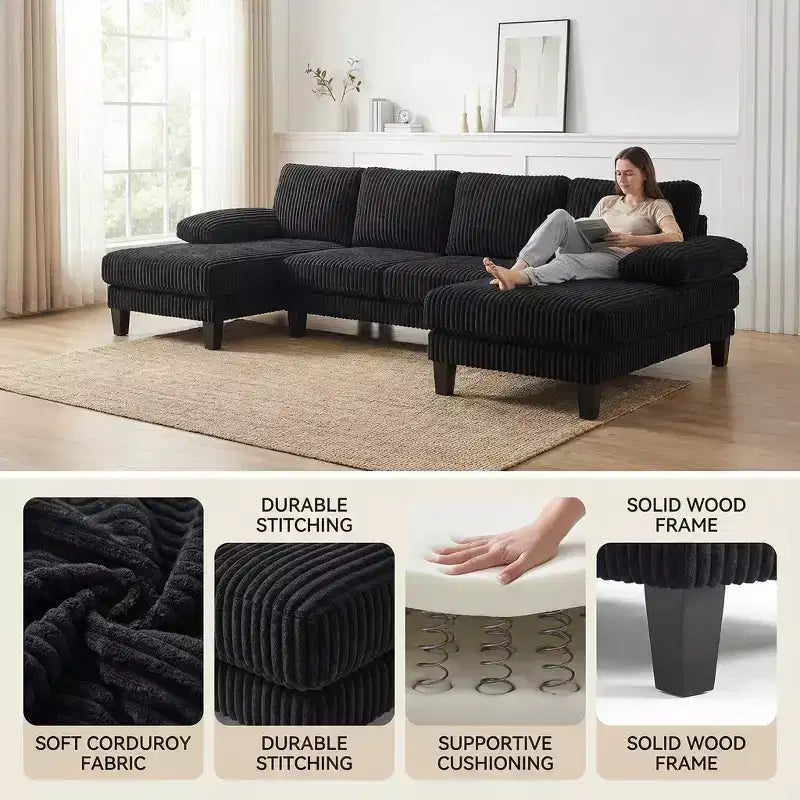 Divano Sezionale a U in Corduroy Homy Casa con Doppia Chaise Longue, Divano a 4 Posti per Soggiorno