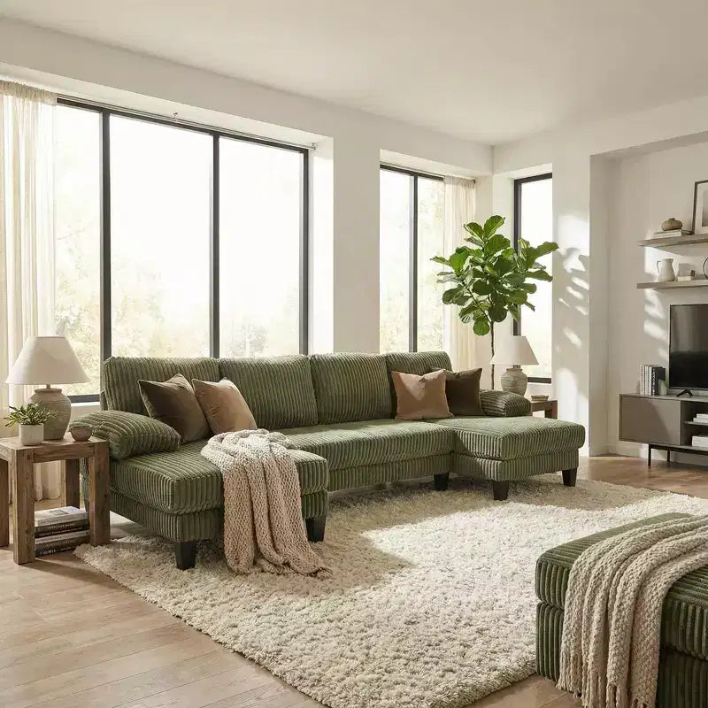 Divano Sezionale a U in Corduroy Homy Casa con Doppia Chaise Longue, Divano a 4 Posti per Soggiorno