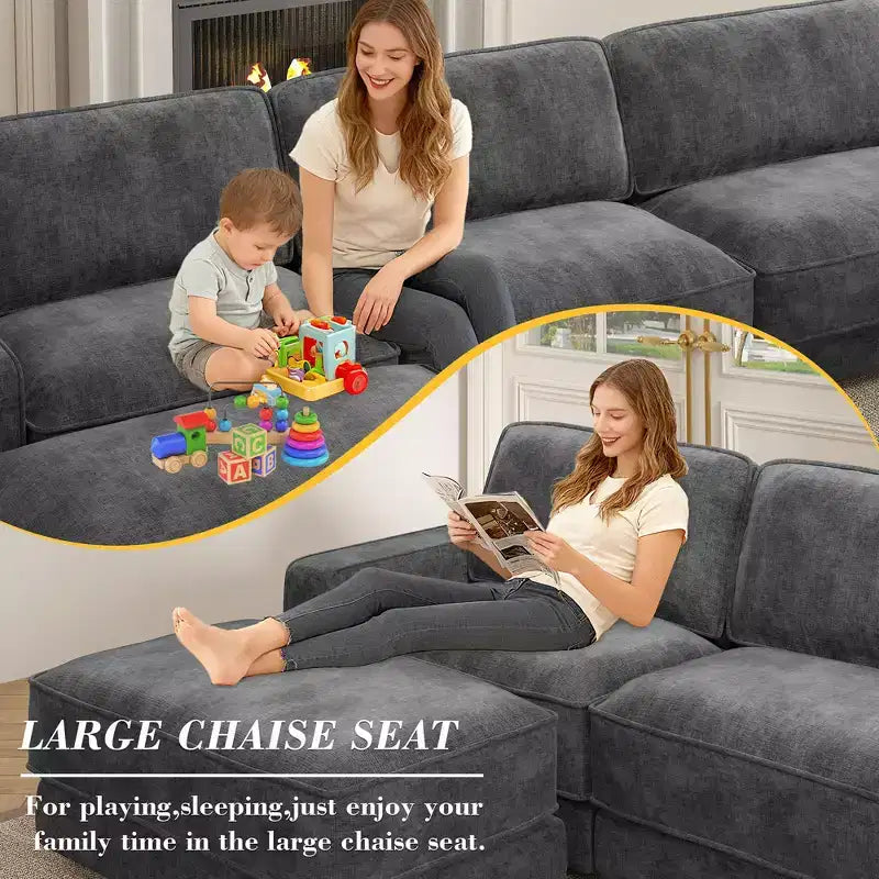 Divano componibile a U Dyonery 160, divano oversize "Cloud" con pouf mobile, divano a 6 posti in ciniglia con seduta profonda e cuscini, divani componibili