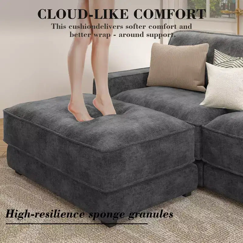 Divano componibile a U Dyonery 160, divano oversize "Cloud" con pouf mobile, divano a 6 posti in ciniglia con seduta profonda e cuscini, divani componibili