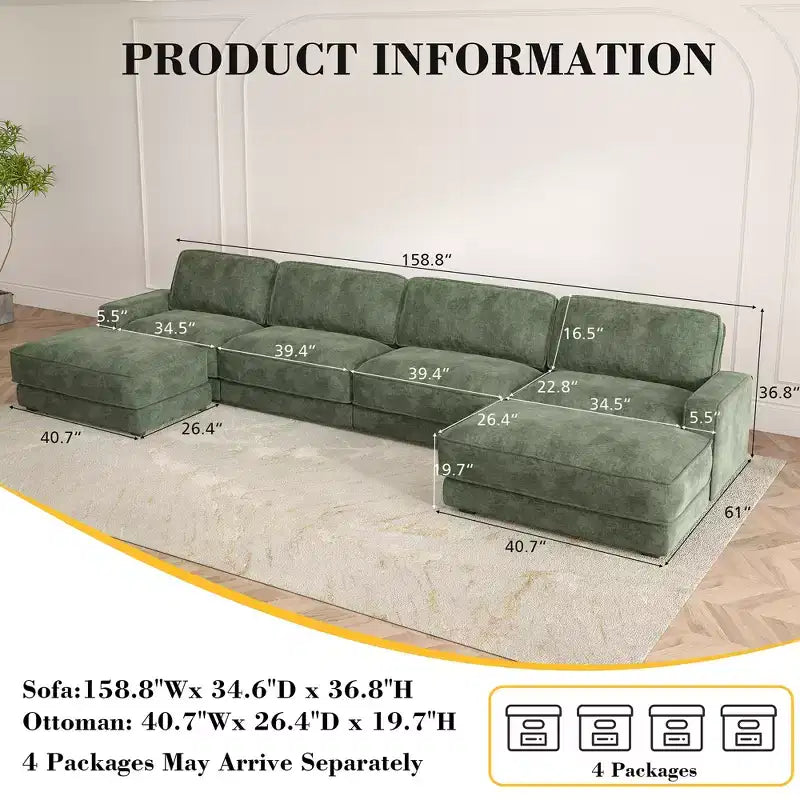 Divano componibile a U Dyonery 160, divano oversize "Cloud" con pouf mobile, divano a 6 posti in ciniglia con seduta profonda e cuscini, divani componibili