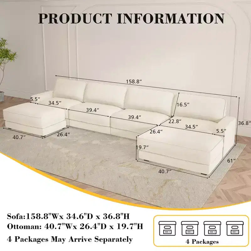 Divano componibile a U Dyonery 160, divano oversize "Cloud" con pouf mobile, divano a 6 posti in ciniglia con seduta profonda e cuscini, divani componibili