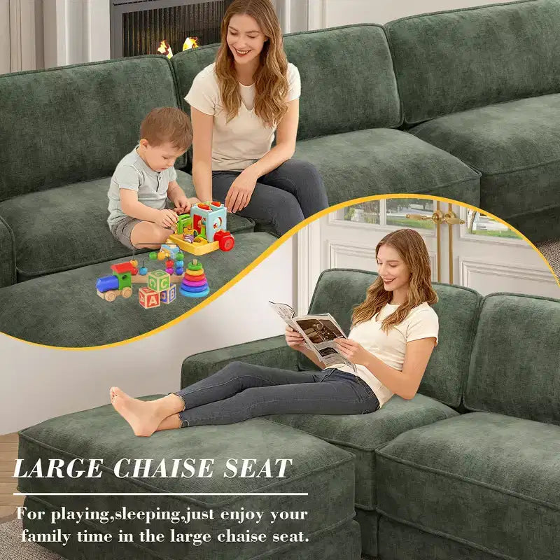 Divano componibile a U Dyonery 160, divano oversize "Cloud" con pouf mobile, divano a 6 posti in ciniglia con seduta profonda e cuscini, divani componibili