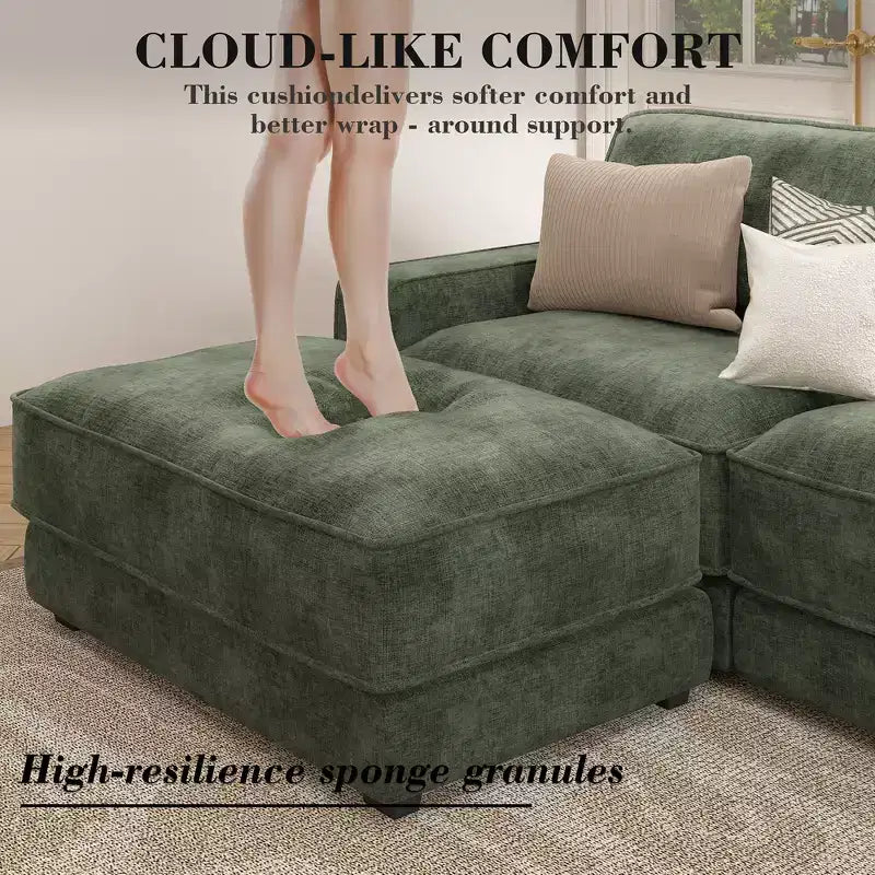 Divano componibile a U Dyonery 160, divano oversize "Cloud" con pouf mobile, divano a 6 posti in ciniglia con seduta profonda e cuscini, divani componibili