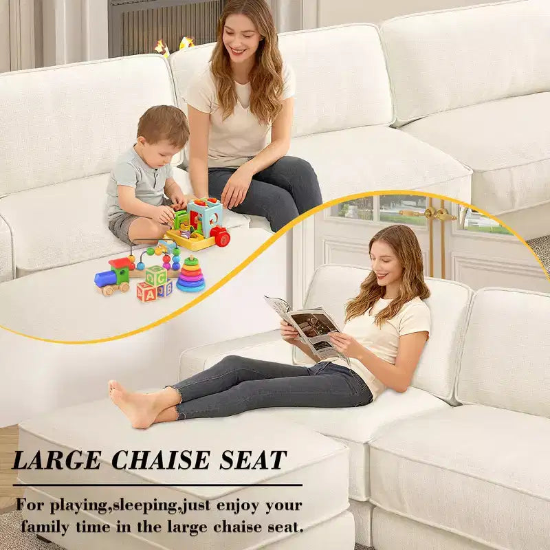 Divano componibile a U Dyonery 160, divano oversize "Cloud" con pouf mobile, divano a 6 posti in ciniglia con seduta profonda e cuscini, divani componibili