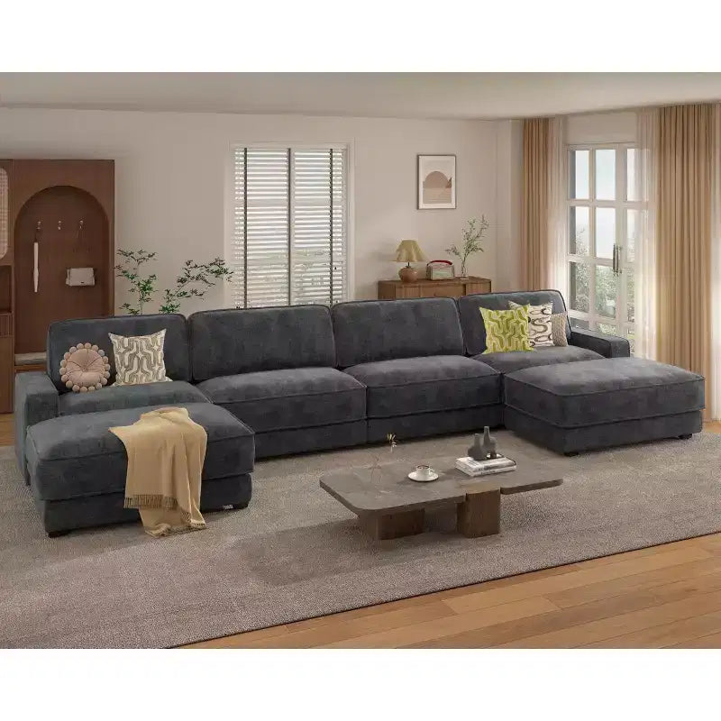 Divano Sezionale Modulare Oversize Dyonery 160, Divano Comodo a U a 6 Posti con 2 Cuscini e 2 Pouf Mobili, Ciniglia