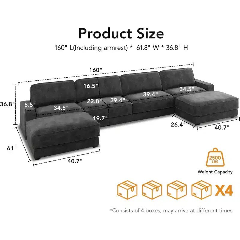 Divano Sezionale Modulare Oversize Dyonery 160, Divano Comodo a U a 6 Posti con 2 Cuscini e 2 Pouf Mobili, Ciniglia