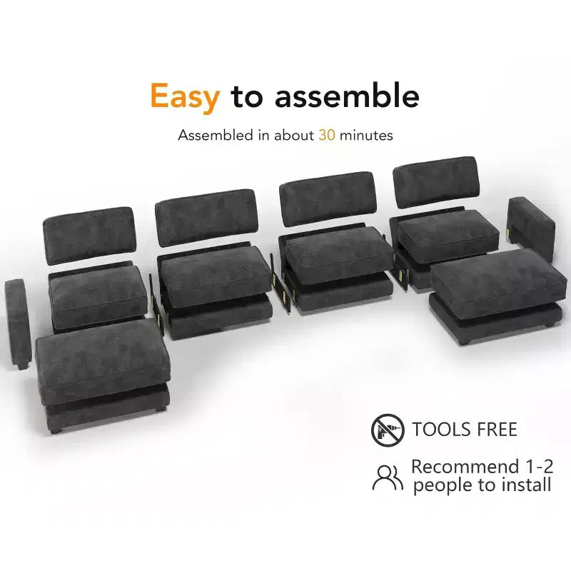 Divano Sezionale Modulare Oversize Dyonery 160, Divano Comodo a U a 6 Posti con 2 Cuscini e 2 Pouf Mobili, Ciniglia