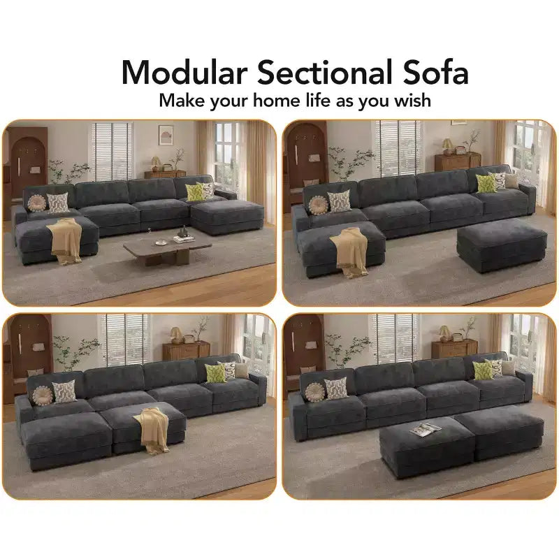 Divano Sezionale Modulare Oversize Dyonery 160, Divano Comodo a U a 6 Posti con 2 Cuscini e 2 Pouf Mobili, Ciniglia