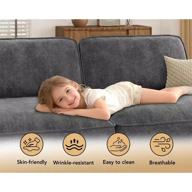 Divano Sezionale Modulare Oversize Dyonery 160, Divano Comodo a U a 6 Posti con 2 Cuscini e 2 Pouf Mobili, Ciniglia