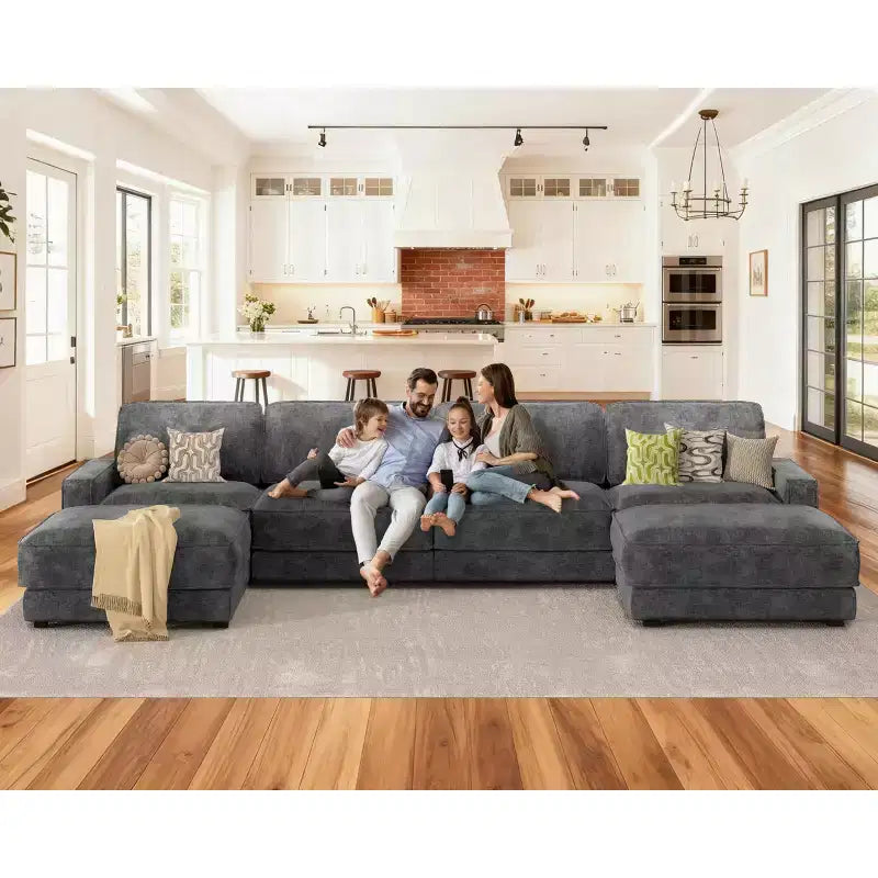 Divano Sezionale Modulare Oversize Dyonery 160, Divano Comodo a U a 6 Posti con 2 Cuscini e 2 Pouf Mobili, Ciniglia