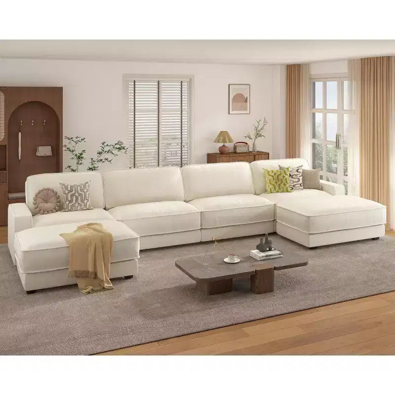Divano Sezionale Modulare Oversize Dyonery 160, Divano Comodo a U a 6 Posti con 2 Cuscini e 2 Pouf Mobili, Ciniglia