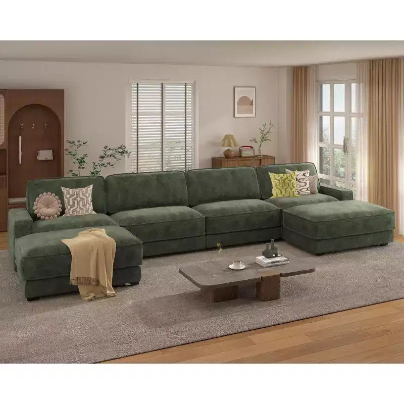 Divano Sezionale Modulare Oversize Dyonery 160, Divano Comodo a U a 6 Posti con 2 Cuscini e 2 Pouf Mobili, Ciniglia