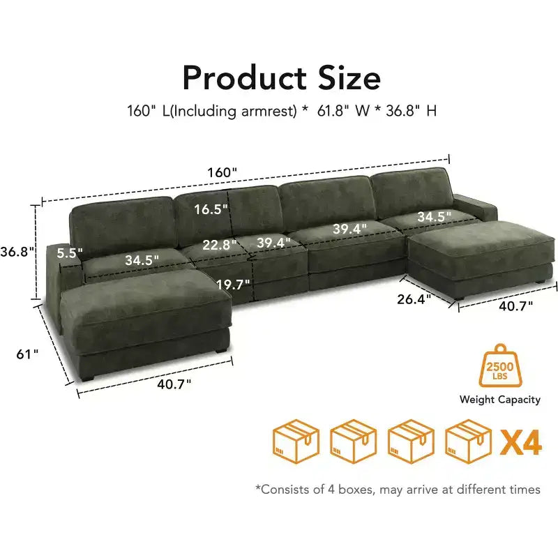 Divano Sezionale Modulare Oversize Dyonery 160, Divano Comodo a U a 6 Posti con 2 Cuscini e 2 Pouf Mobili, Ciniglia