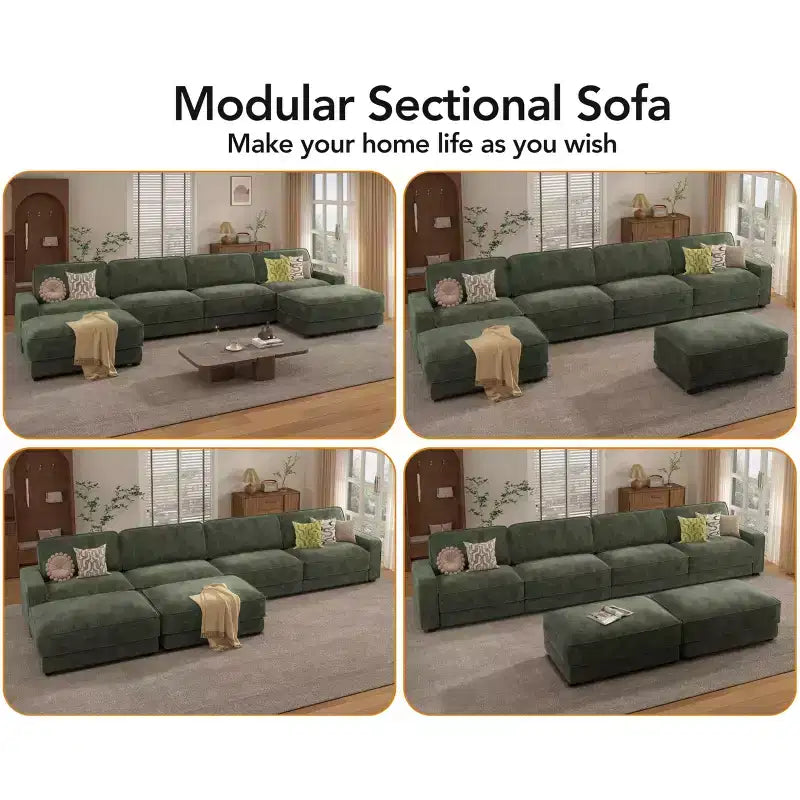 Divano Sezionale Modulare Oversize Dyonery 160, Divano Comodo a U a 6 Posti con 2 Cuscini e 2 Pouf Mobili, Ciniglia