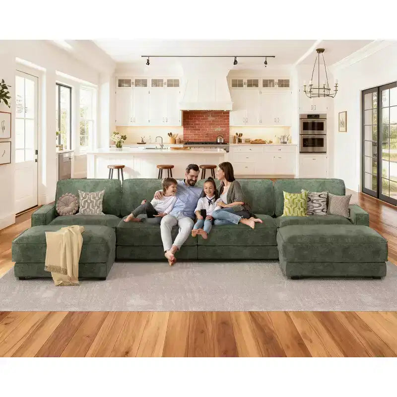 Divano Sezionale Modulare Oversize Dyonery 160, Divano Comodo a U a 6 Posti con 2 Cuscini e 2 Pouf Mobili, Ciniglia