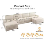 Divano Sezionale Modulare Oversize Dyonery 160, Divano Comodo a U a 6 Posti con 2 Cuscini e 2 Pouf Mobili, Ciniglia