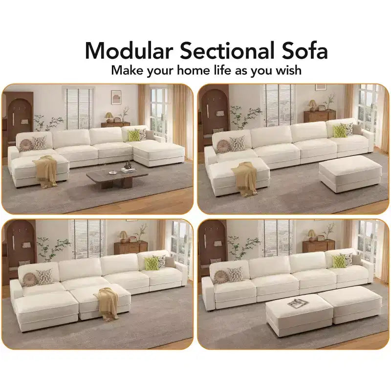 Divano Sezionale Modulare Oversize Dyonery 160, Divano Comodo a U a 6 Posti con 2 Cuscini e 2 Pouf Mobili, Ciniglia