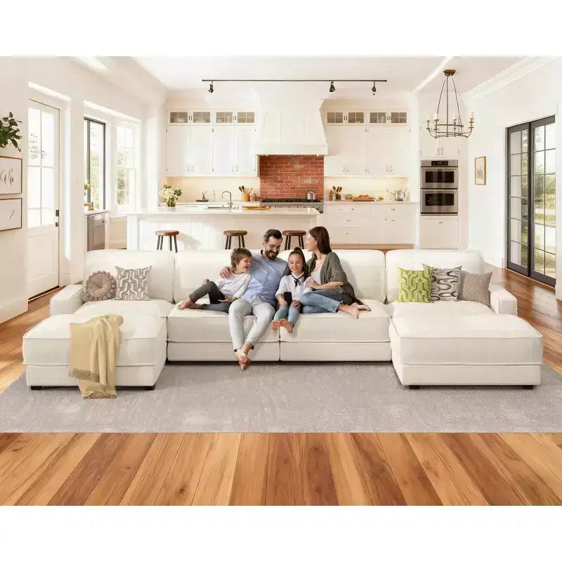 Divano Sezionale Modulare Oversize Dyonery 160, Divano Comodo a U a 6 Posti con 2 Cuscini e 2 Pouf Mobili, Ciniglia