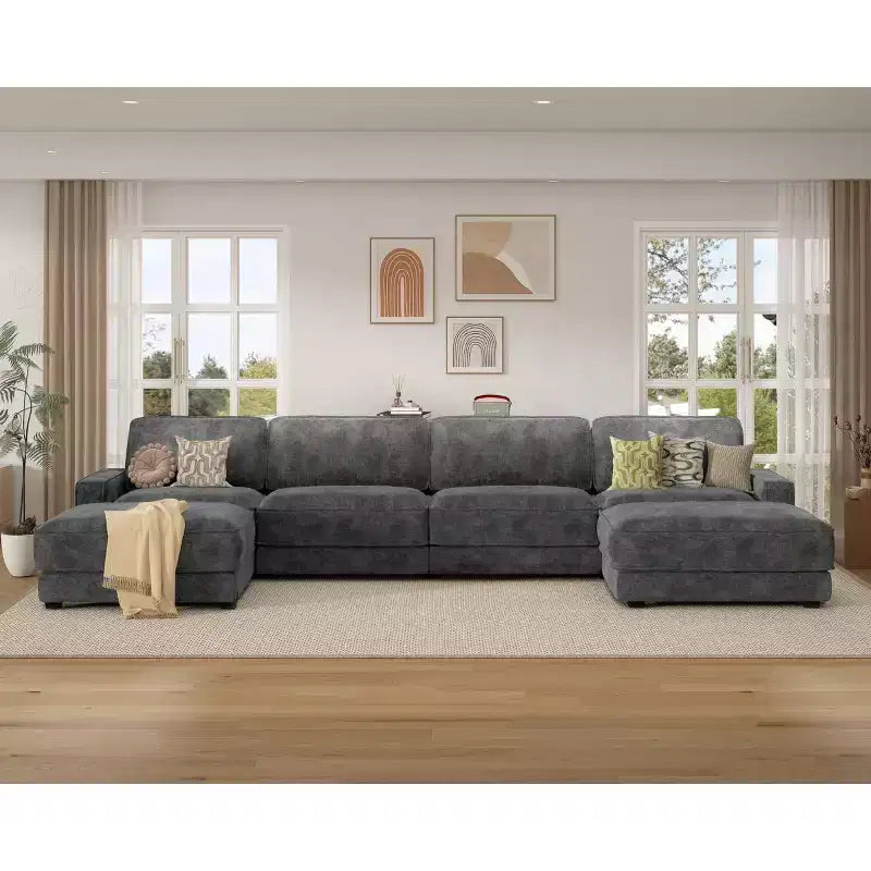 Divano Sezionale Modulare Oversize Dyonery 160, Divano Comodo a U a 6 Posti con 2 Cuscini e 2 Pouf Mobili, Ciniglia