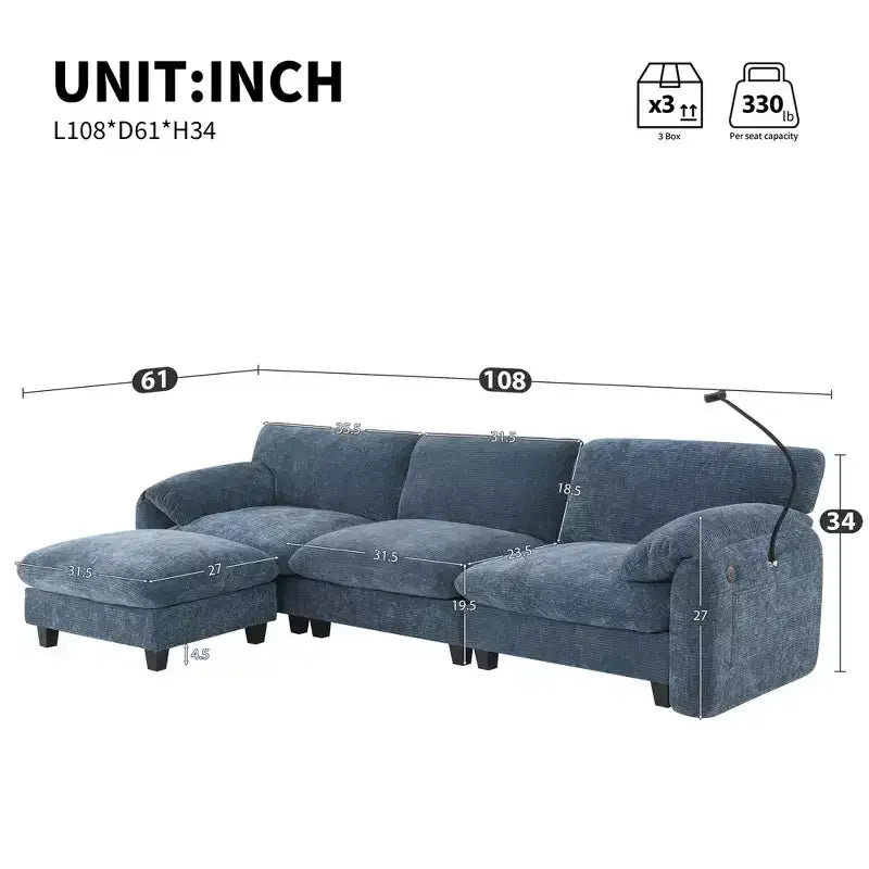 Divano modulare a sezione a L EHMKNP 108 con sedili extra larghi da 80 cm, pouf mobile, tessuto ciniglia a righe