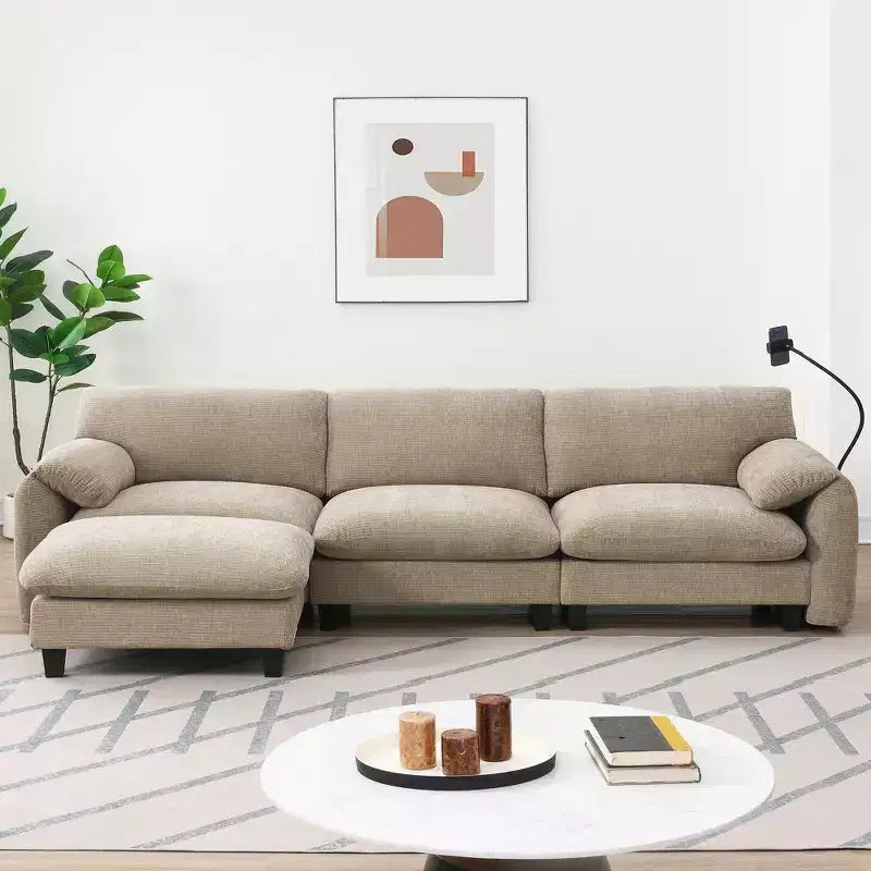 Divano modulare a sezione a L EHMKNP 108 con sedili extra larghi da 80 cm, pouf mobile, tessuto ciniglia a righe