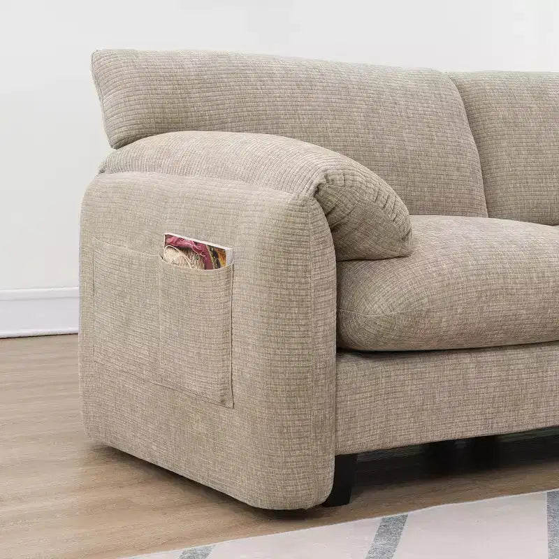 Divano modulare a sezione a L EHMKNP 108 con sedili extra larghi da 80 cm, pouf mobile, tessuto ciniglia a righe