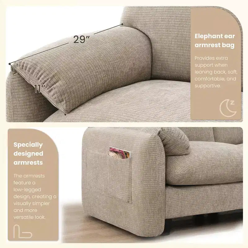 Divano modulare a sezione a L EHMKNP 108 con sedili extra larghi da 80 cm, pouf mobile, tessuto ciniglia a righe