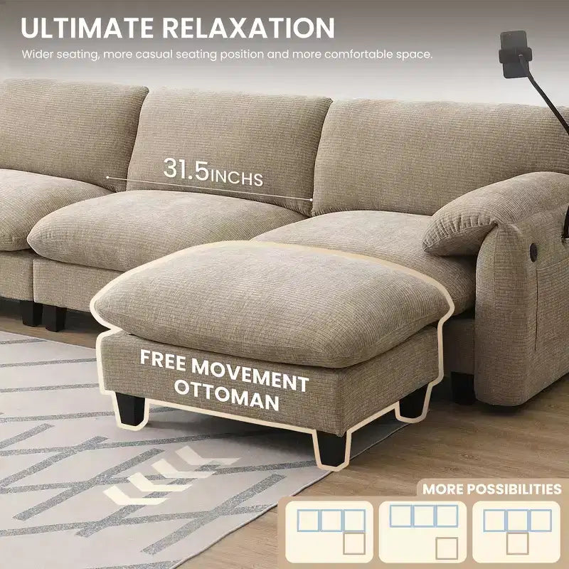 Divano modulare a sezione a L EHMKNP 108 con sedili extra larghi da 80 cm, pouf mobile, tessuto ciniglia a righe