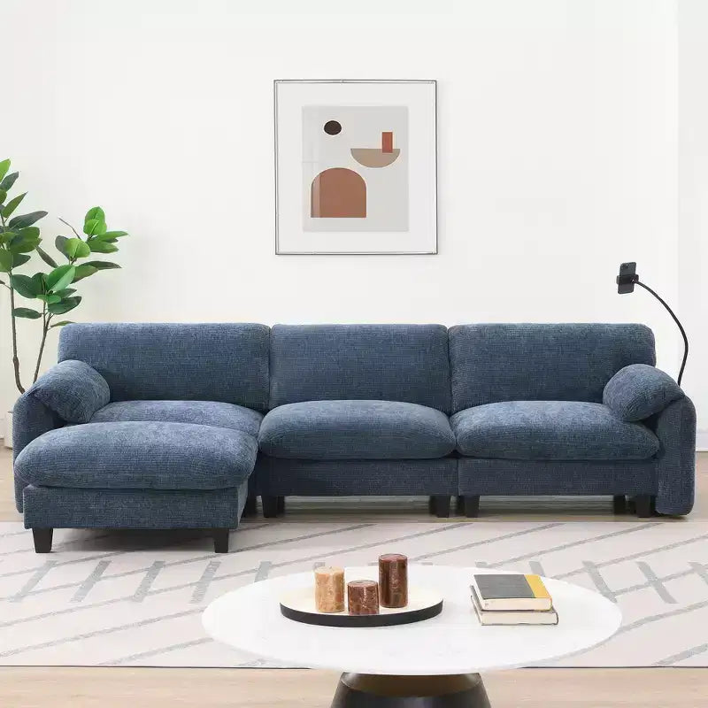 Divano modulare a sezione a L EHMKNP 108 con sedili extra larghi da 80 cm, pouf mobile, tessuto ciniglia a righe