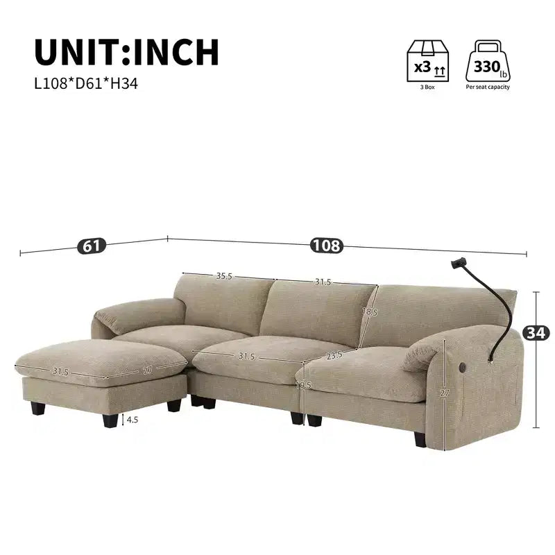 Divano modulare a sezione a L EHMKNP 108 con sedili extra larghi da 80 cm, pouf mobile, tessuto ciniglia a righe