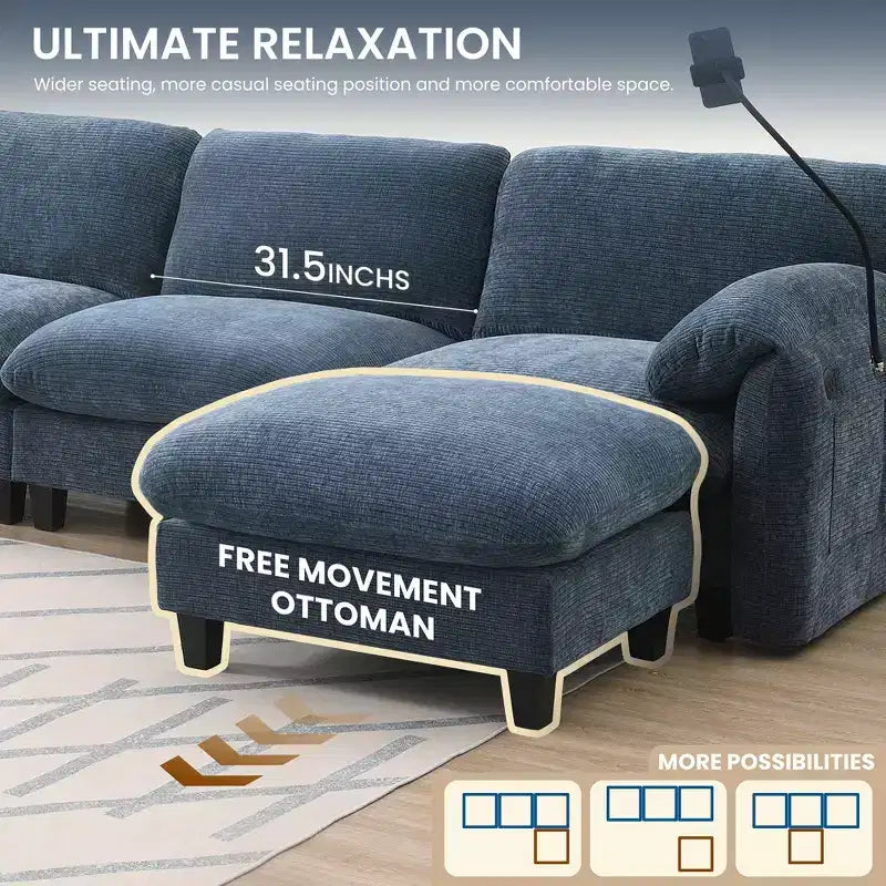 Divano modulare a sezione a L EHMKNP 108 con sedili extra larghi da 80 cm, pouf mobile, tessuto ciniglia a righe