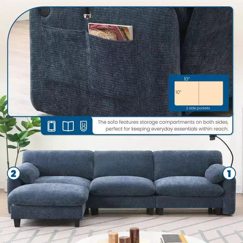 Divano modulare a sezione a L EHMKNP 108 con sedili extra larghi da 80 cm, pouf mobile, tessuto ciniglia a righe