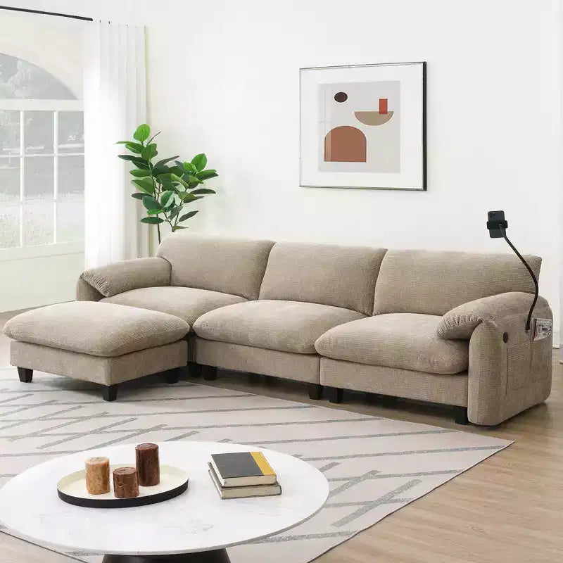 Divano modulare a sezione a L EHMKNP 108 con sedili extra larghi da 80 cm, pouf mobile, tessuto ciniglia a righe