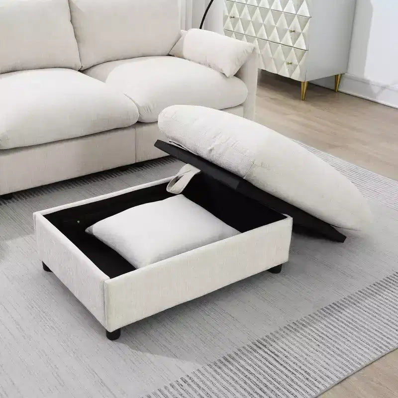 Divano Sezionale a L EHMKNP 96,5 con Pouf Contenitore per Soggiorno/Appartamento, in Comodo Tessuto Chenille