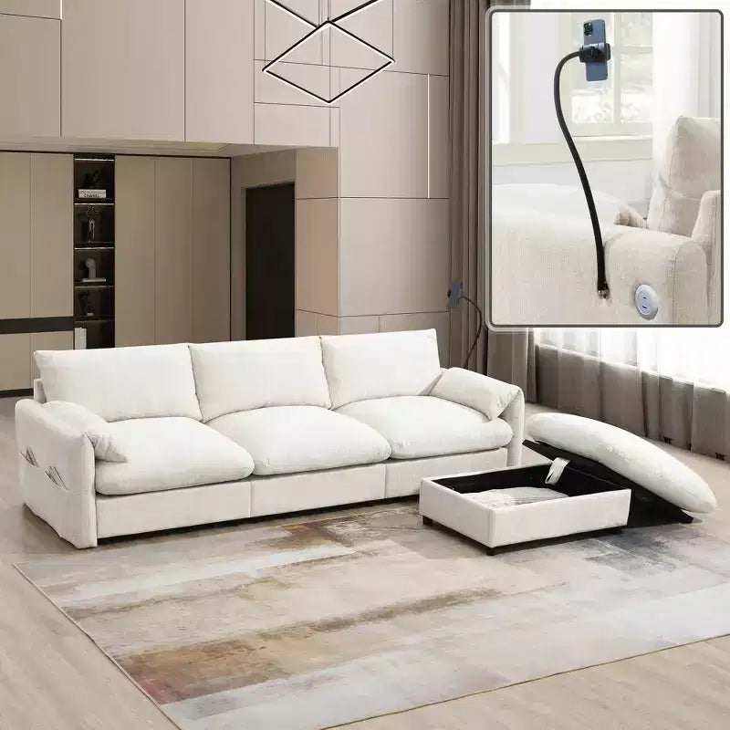 Divano Sezionale a L EHMKNP 96,5 con Pouf Contenitore per Soggiorno/Appartamento, in Comodo Tessuto Chenille