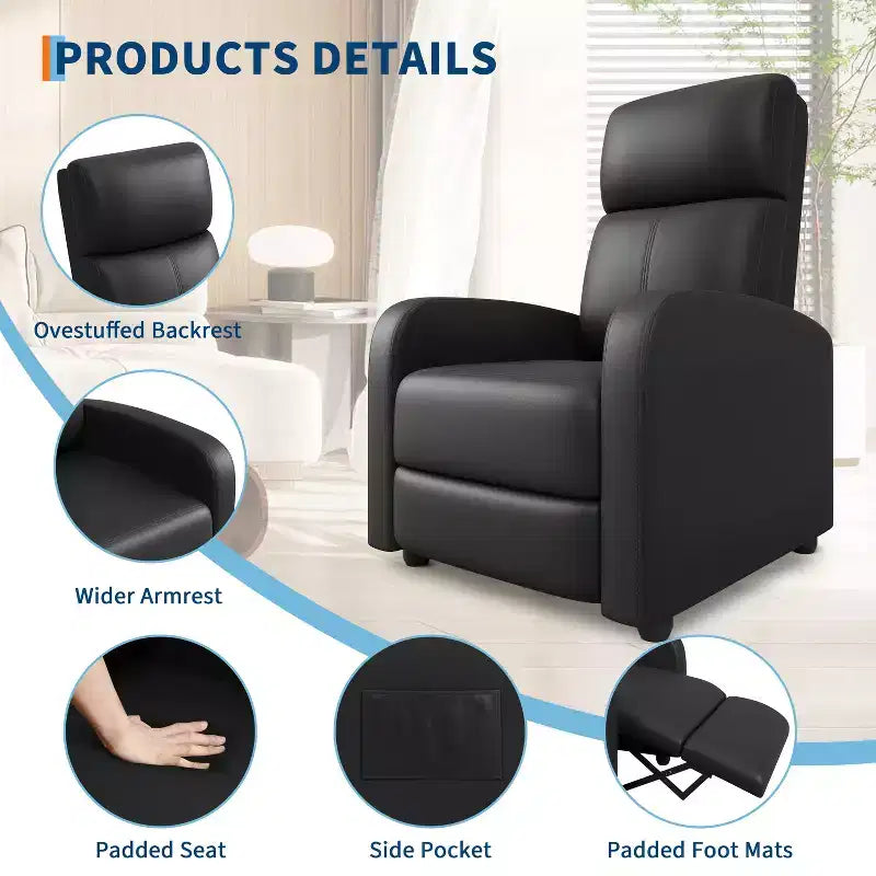 Poltrona Reclinabile per Adulti, Recliner Pigro in Pelle PU Ergonomico Regolabile Singolo Divano Migliorato con Tasca Laterale