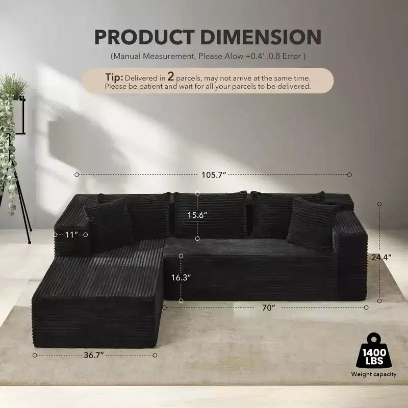 Divano componibile a sezioni Cloud, 106 divani neri a forma di L comodi e morbidi per soggiorno, divano letto oversize con seduta profonda
