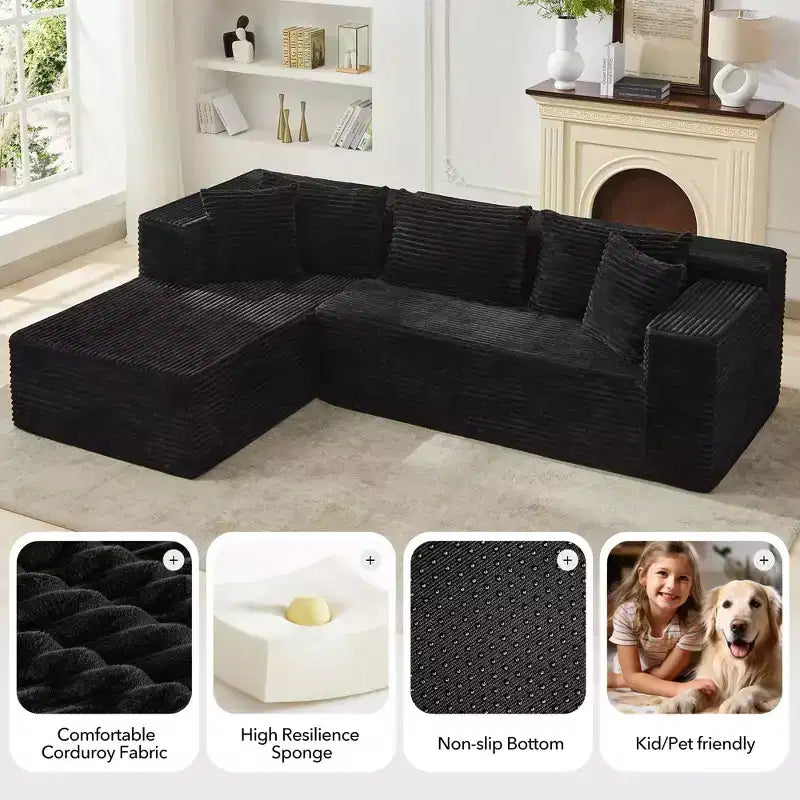 Divano componibile a sezioni Cloud, 106 divani neri a forma di L comodi e morbidi per soggiorno, divano letto oversize con seduta profonda