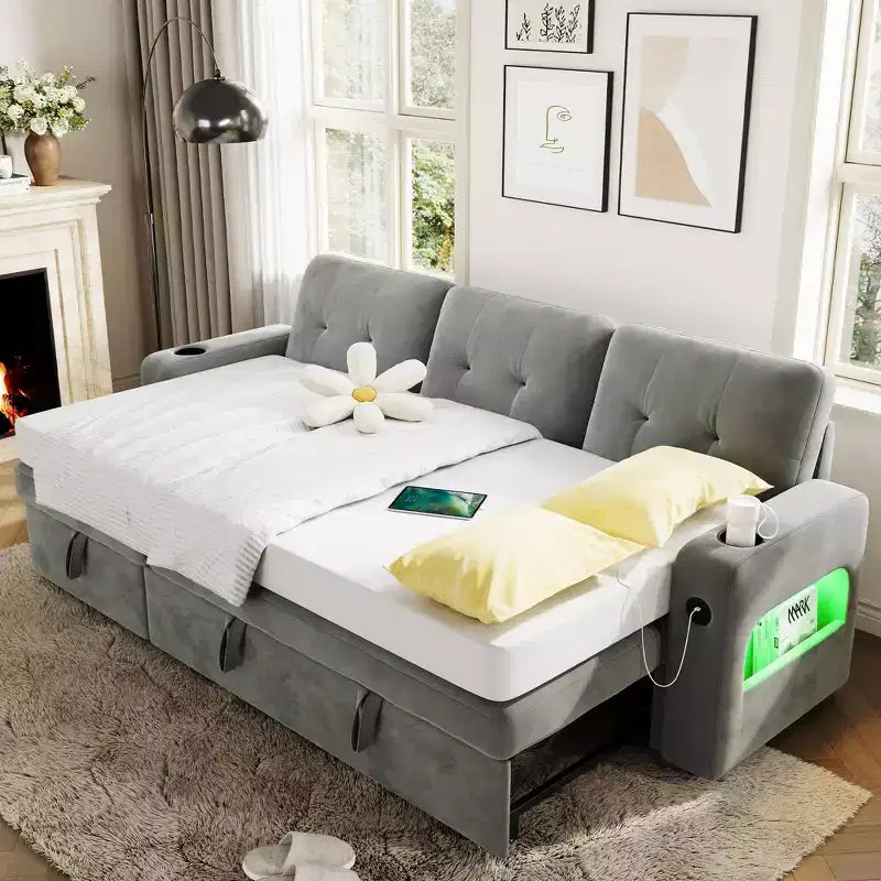Divano Letto da 84 Pollici, Divano a L, Divano Letto Estraibile Convertibile con Contenitore, Stazione di Ricarica, Luci LED, Divano Sezionale Moderno